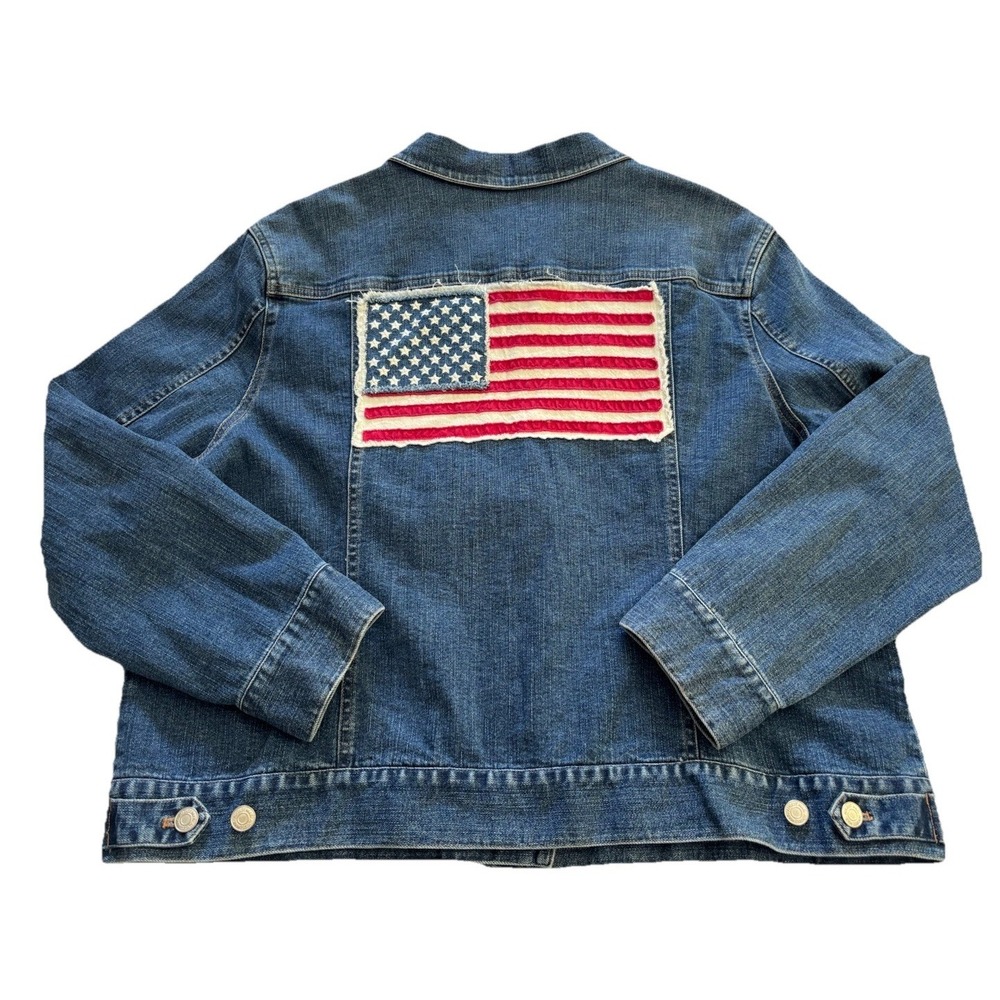 August Max Stretch Women's Plus Y2K Size 2 Blue Denim Jean Jacket American Flag